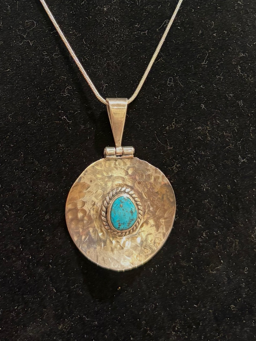 Vintage Navajo Style Hammered Sterling Silver & Turquoise Shield Pendant - 2.25"